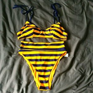 NWT Aerie Gold and Navy Striped Bikini set